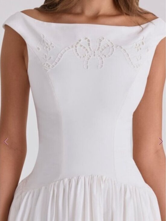 House of CB • Lauren Off-Shoulder White Midi Dress with Eyelet Hem - Picture 8 of 9